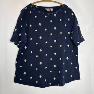 Chicos Navy Lemon Print Short Sleeve Lace Up Neck Top Women‎ Size 3/16 Casual
